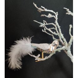 Glas fugl p klips med fjerhale "Det gamle Apotek"